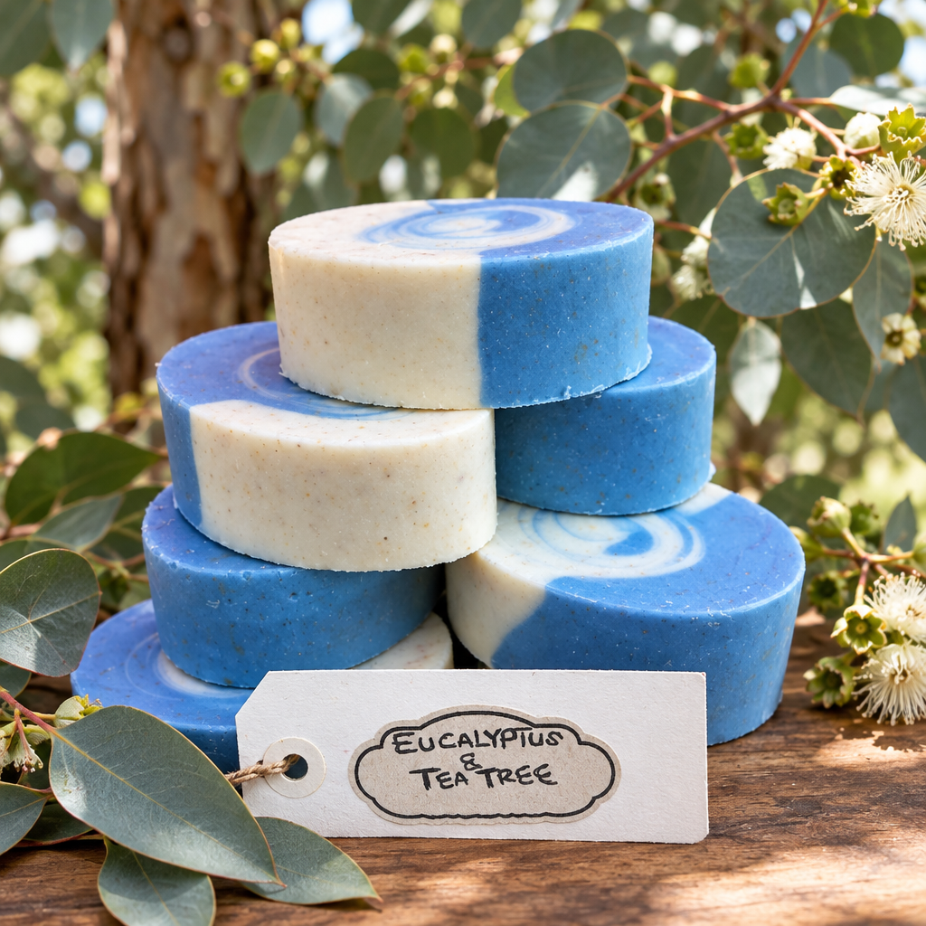 Eucalyptus & Tea Tree Soap with Eucalyptus Tree Background